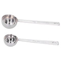 Two stainless steel measuring spoons with long handles for milk powder, ideal for baby feeding, by Everything Baby.