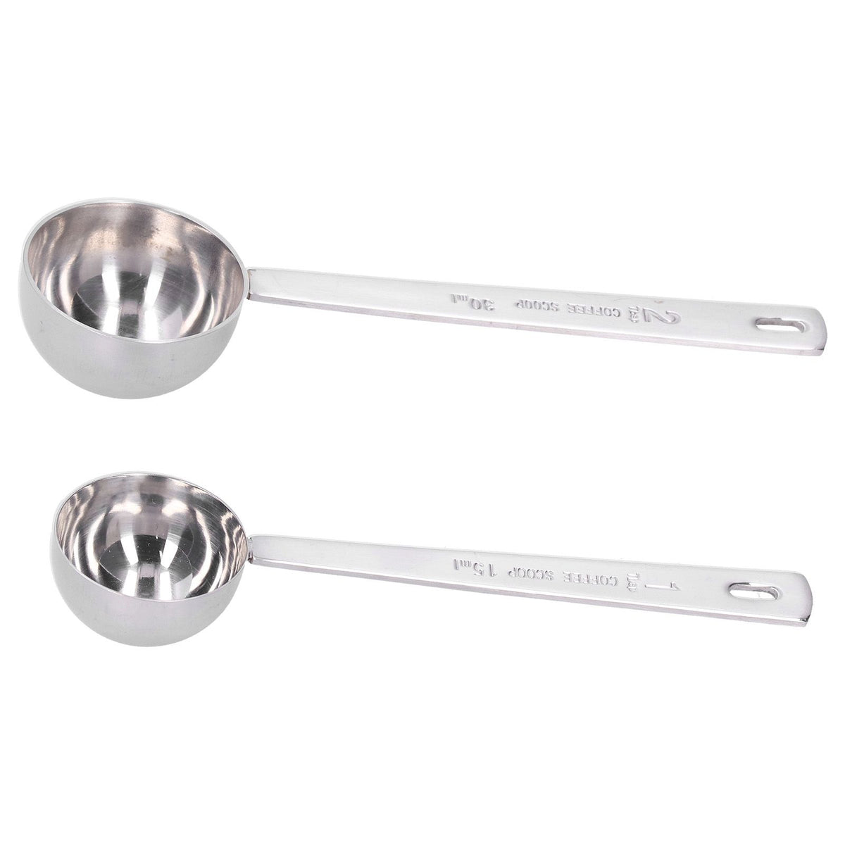 Two stainless steel measuring spoons with long handles for milk powder, ideal for baby feeding, by Everything Baby.