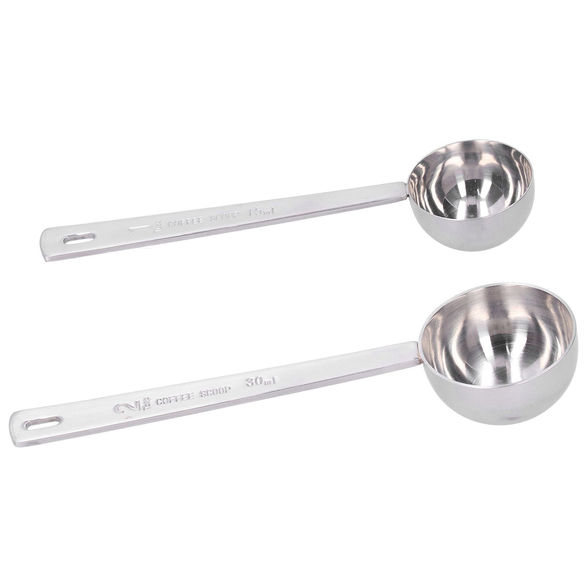 Two stainless steel measuring spoons with long handles for milk powder, ideal for baby feeding and outdoor toy prep.