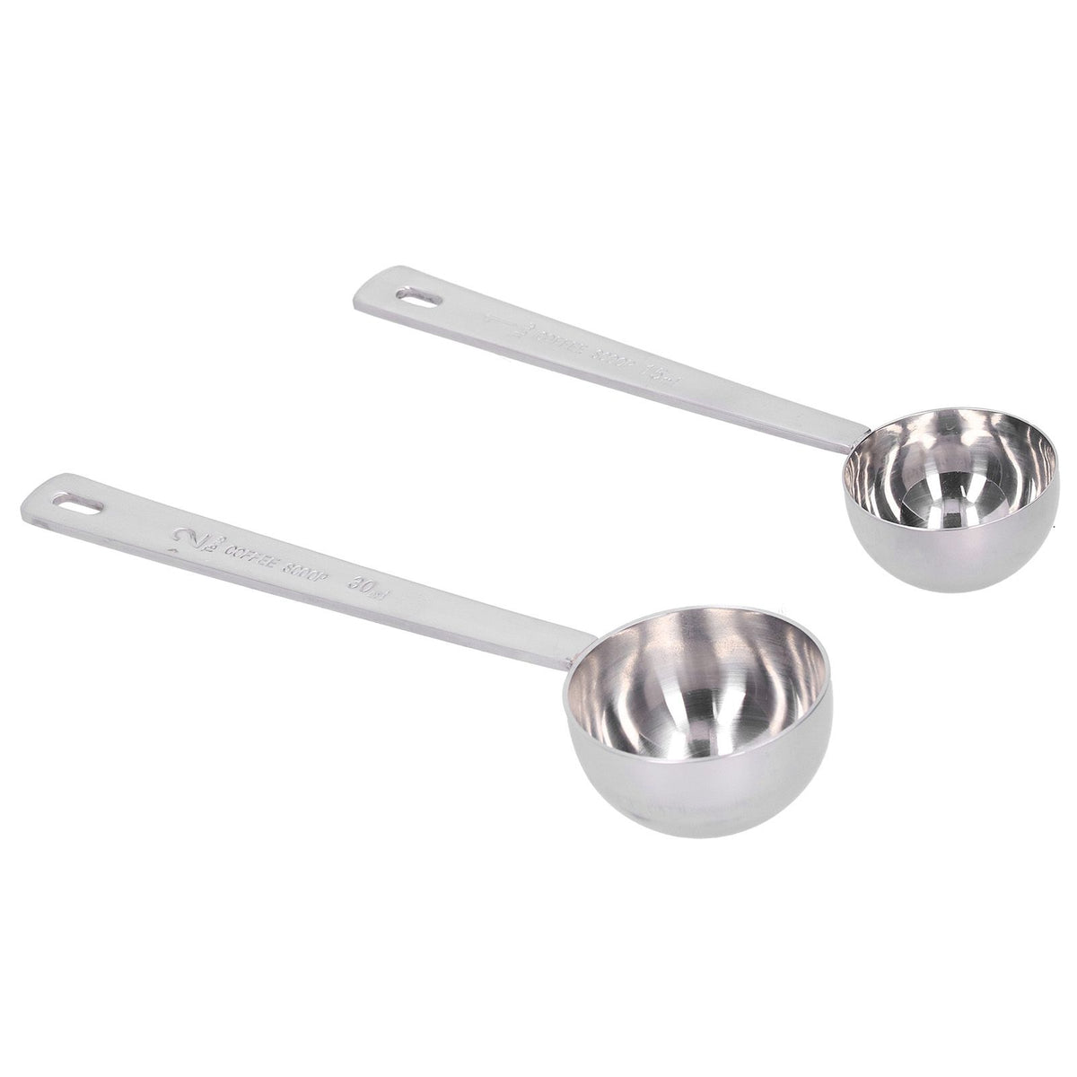 Two stainless steel measuring spoons with long handles, ideal for measuring milk powder, from Everything Baby.