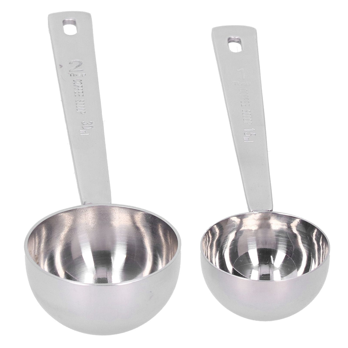 Two stainless steel measuring spoons with long handles, ideal for measuring milk powder, designed for baby and kid's outdoor toys.
