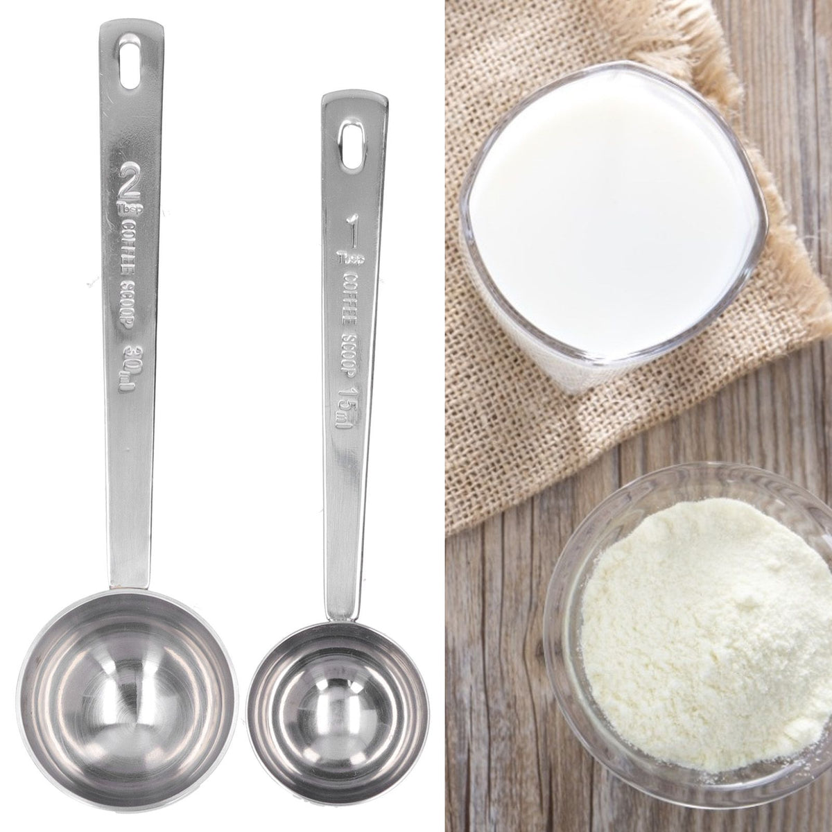 Two stainless steel measuring spoons with long handles for measuring milk powder, suitable for baby feeding and outdoor use.