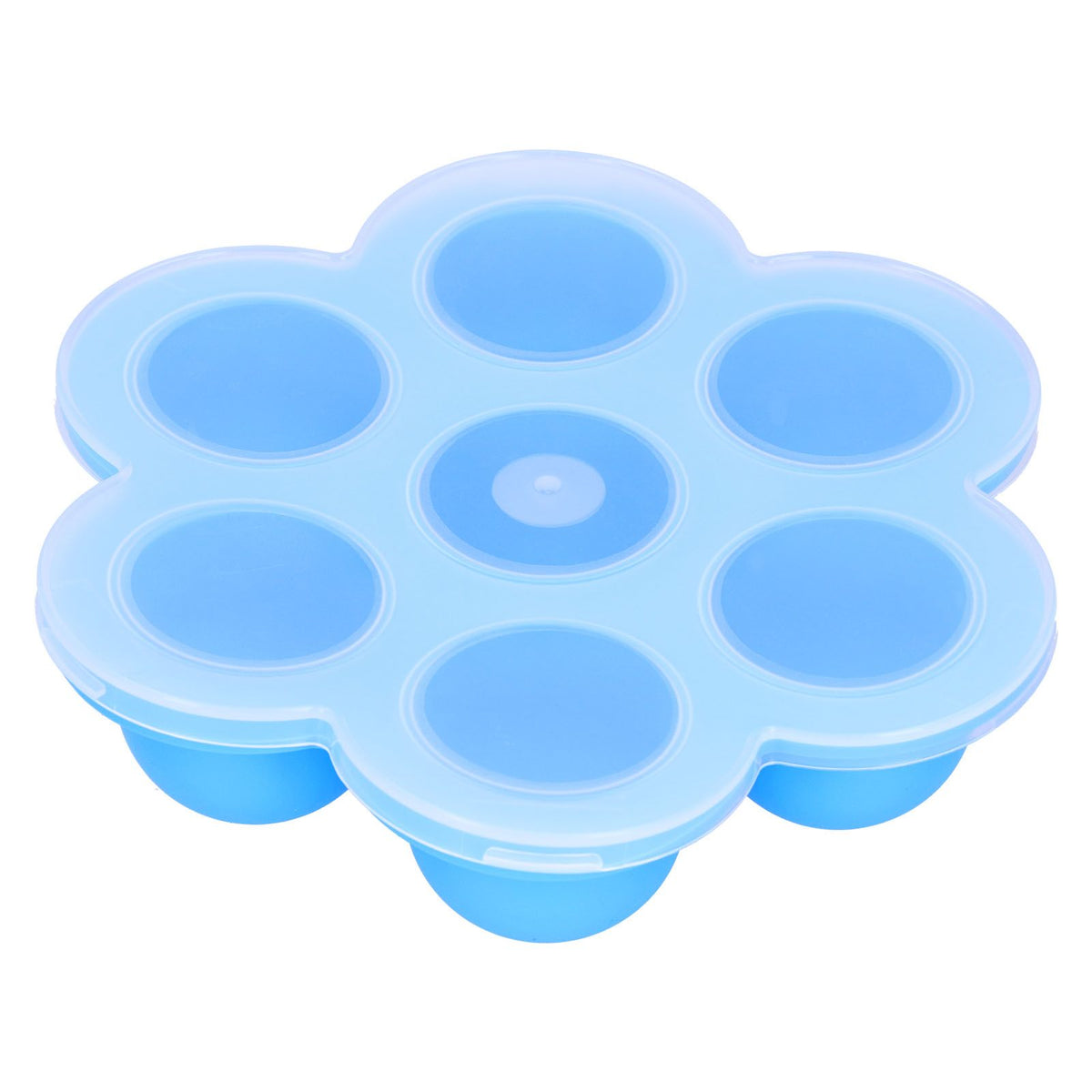 Sky blue silicone baby food storage container with 7-grid design and lid, ideal for baby feeding and food supplements.