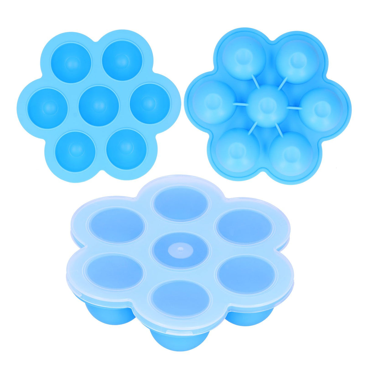 Sky blue silicone baby food storage container with 7-grid design and lid, ideal for baby and kids' feeding and supplement storage.