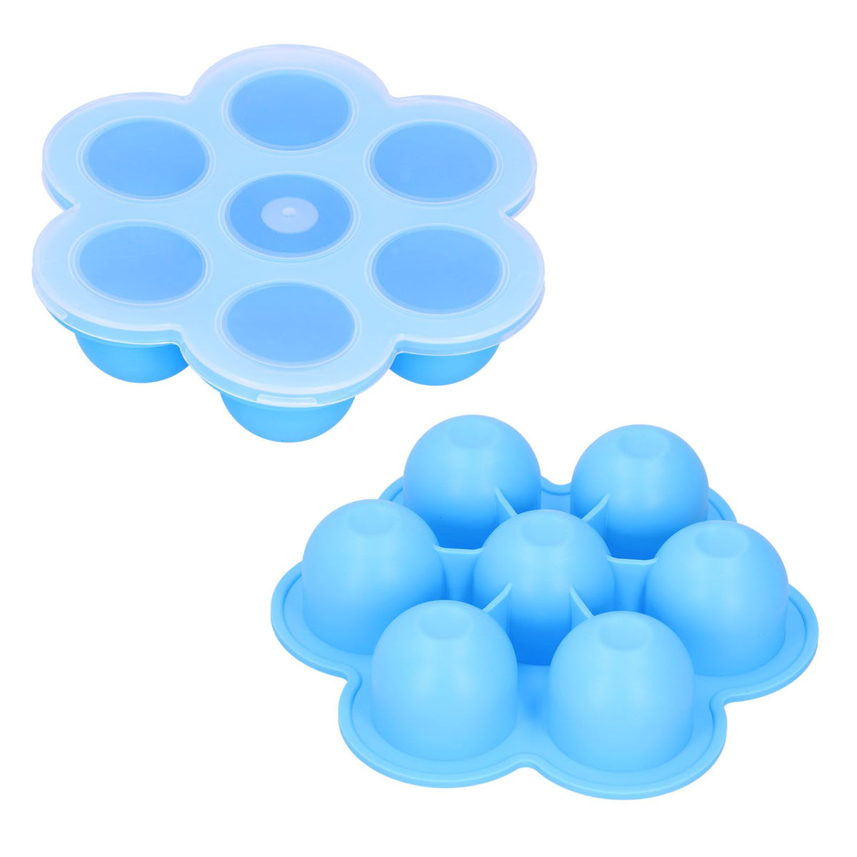 Sky blue silicone 7-grid baby food storage container with lid by Everything Baby, ideal for nursing and feeding baby food.