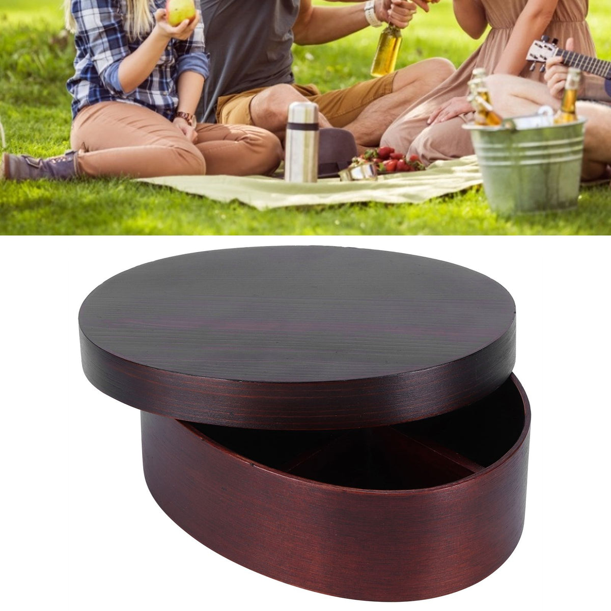 Wooden bento lunch box for kids, portable food container with painted design, ideal for students and workers