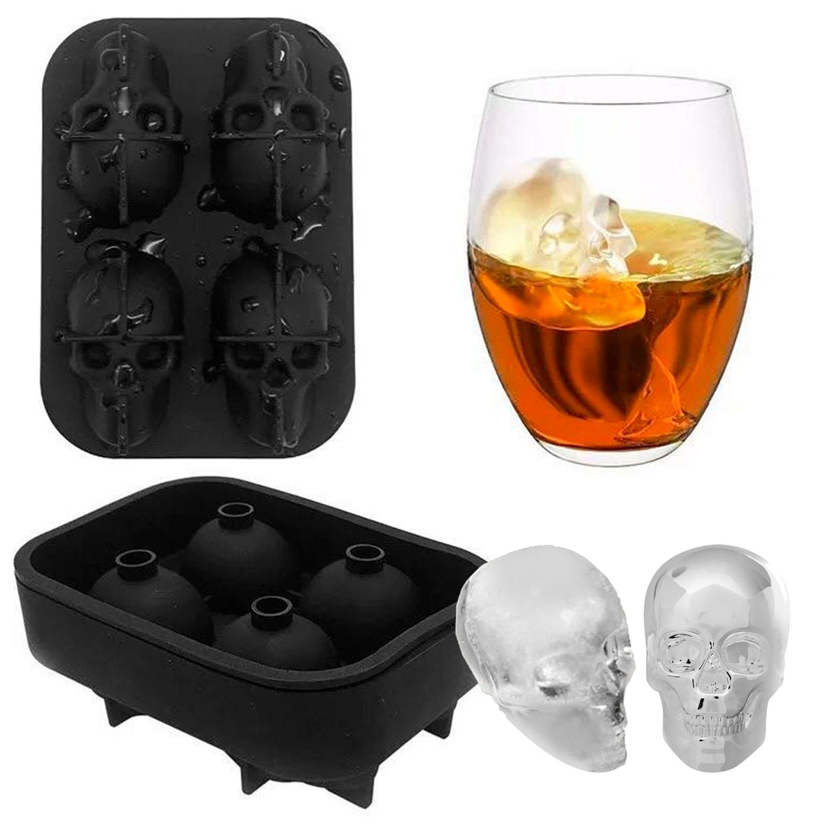 Silicone skull-shaped ice mold tray for making irregular ice cubes, ideal for home bar and summer parties.