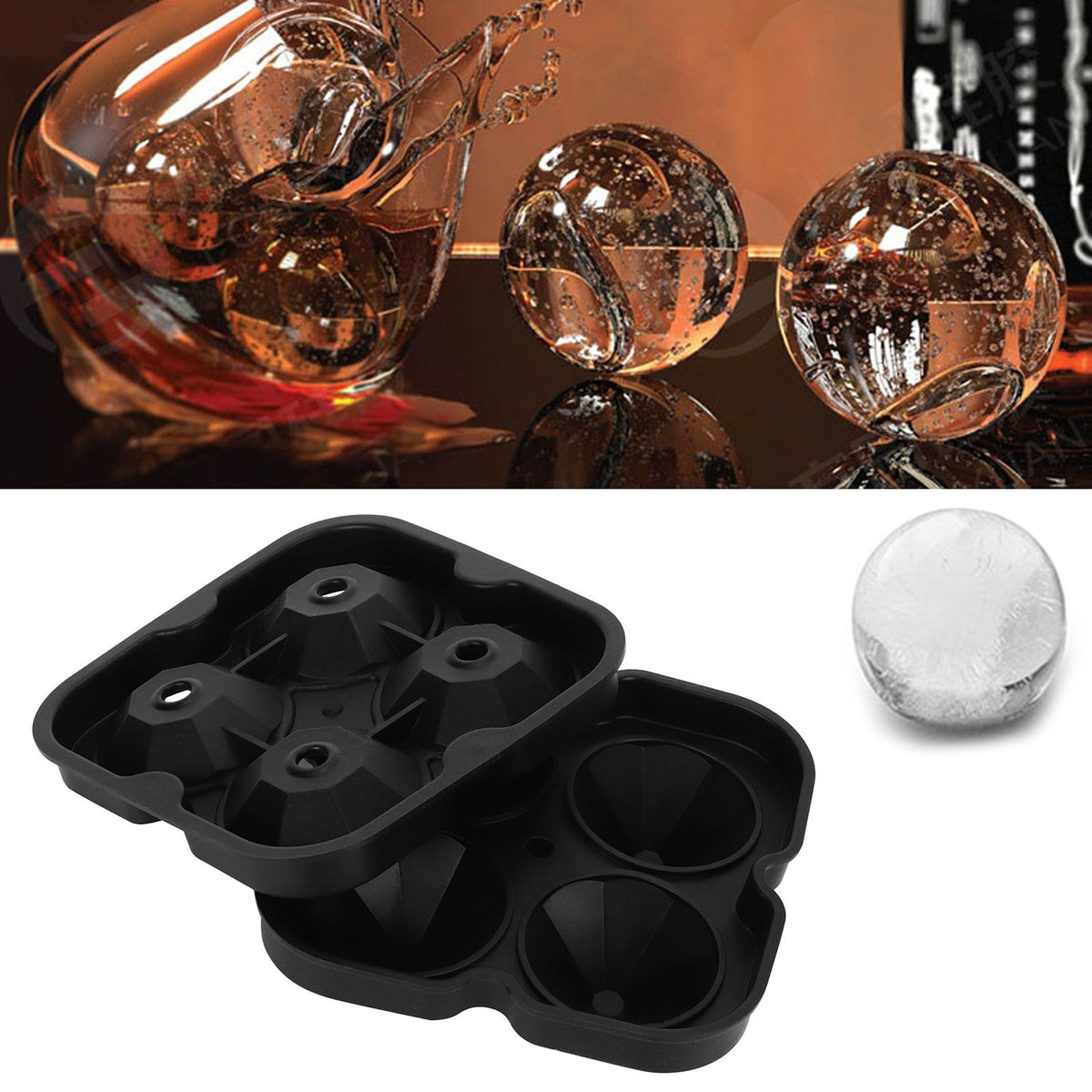Black 4-grid diamond-shaped ice cube mold tray by Everything Baby, reusable silicone kitchen tool for homemade ice cubes.