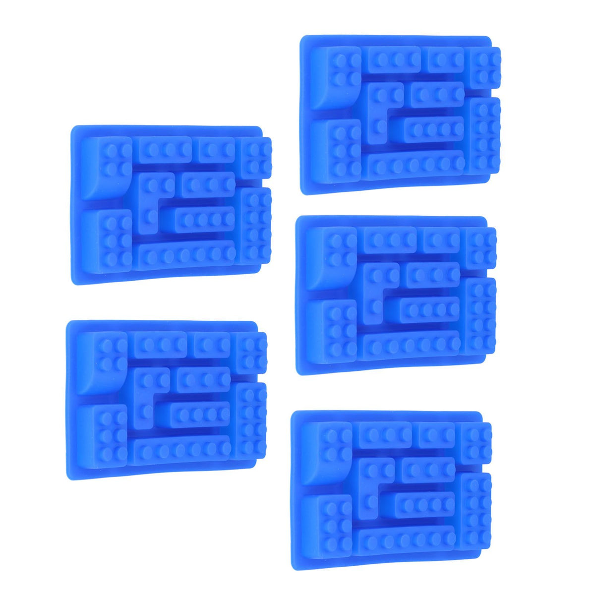 Blue silicone ice tray mold with 5 block-shaped cavities for baking, chocolate, and DIY cake decorating in a home bakery setting.