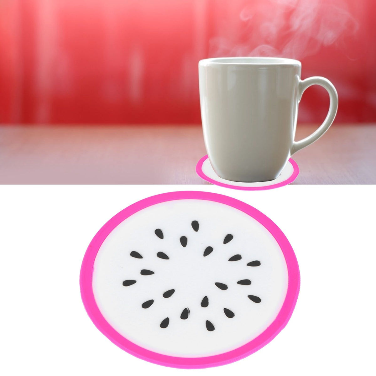 Dragon fruit-shaped silicone coaster and placemat for cups, ideal for kitchen and dining tableware, from Everything Baby.