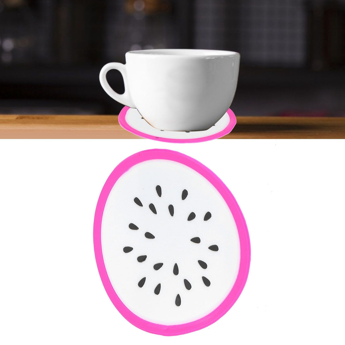 Dragon fruit-shaped silicone coaster and placemat for cups and drinks, ideal for kitchen and dining table accessories.