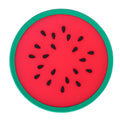 Watermelon-shaped silicone coaster for drinks, featuring a fun fruit design, ideal for kitchen or dining table use.