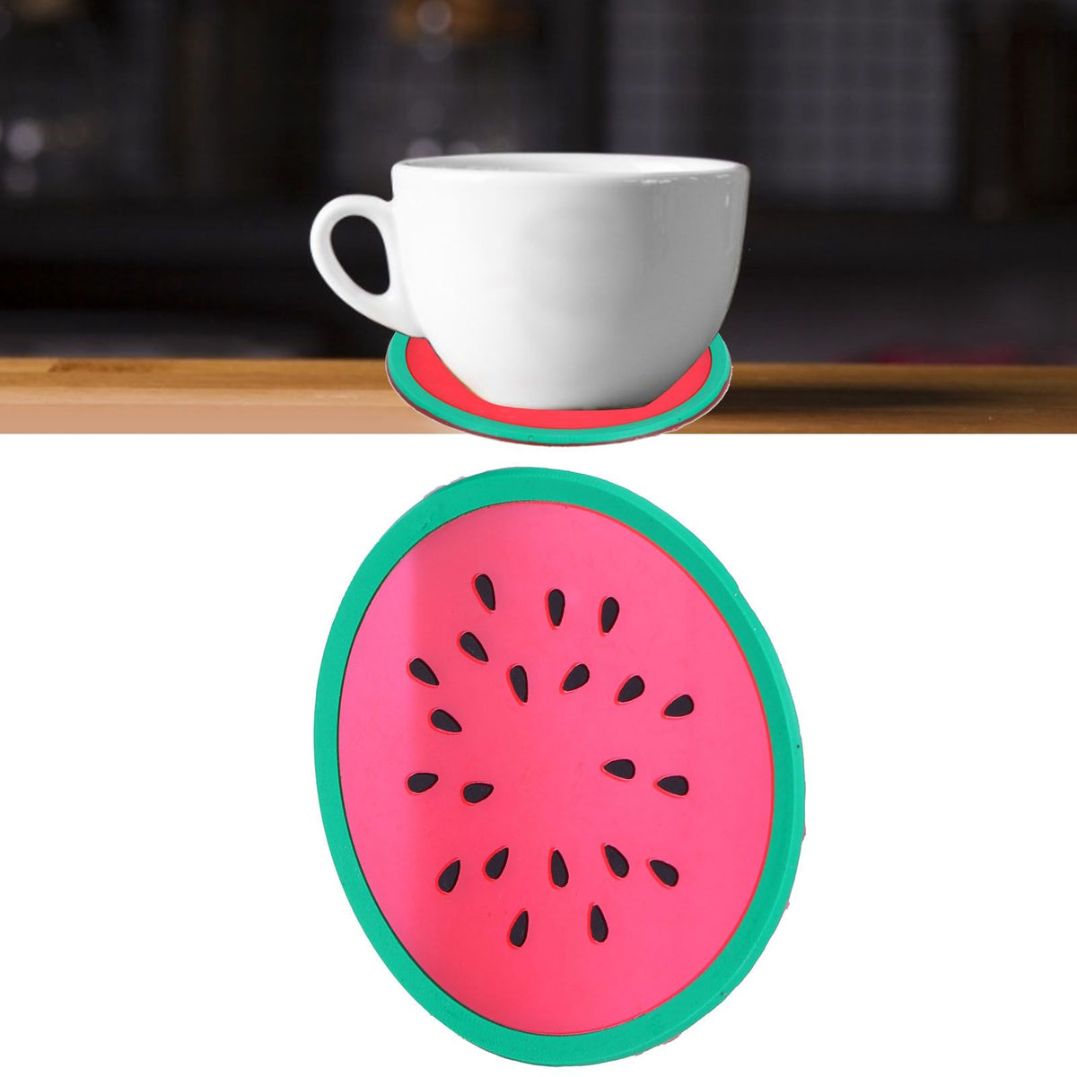 Silicone watermelon-shaped coaster and placemat set for drinks, featuring colorful fruit design, ideal for kitchen and dining use.