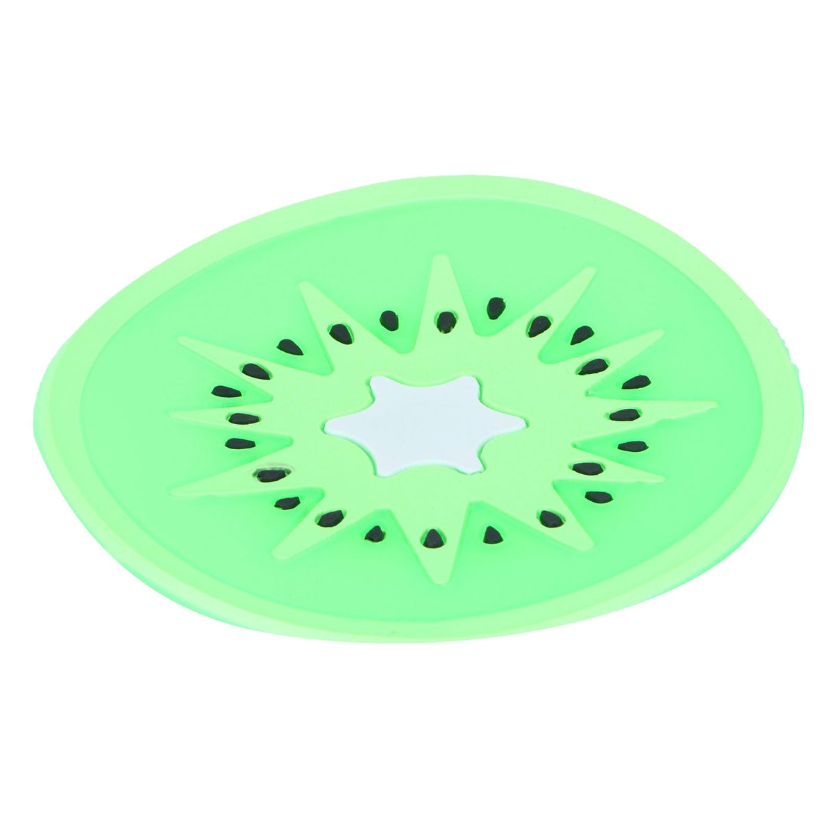 Silicone kiwi-shaped coaster and placemat for cups and drinks, ideal for kids' kitchen accessories and tableware.