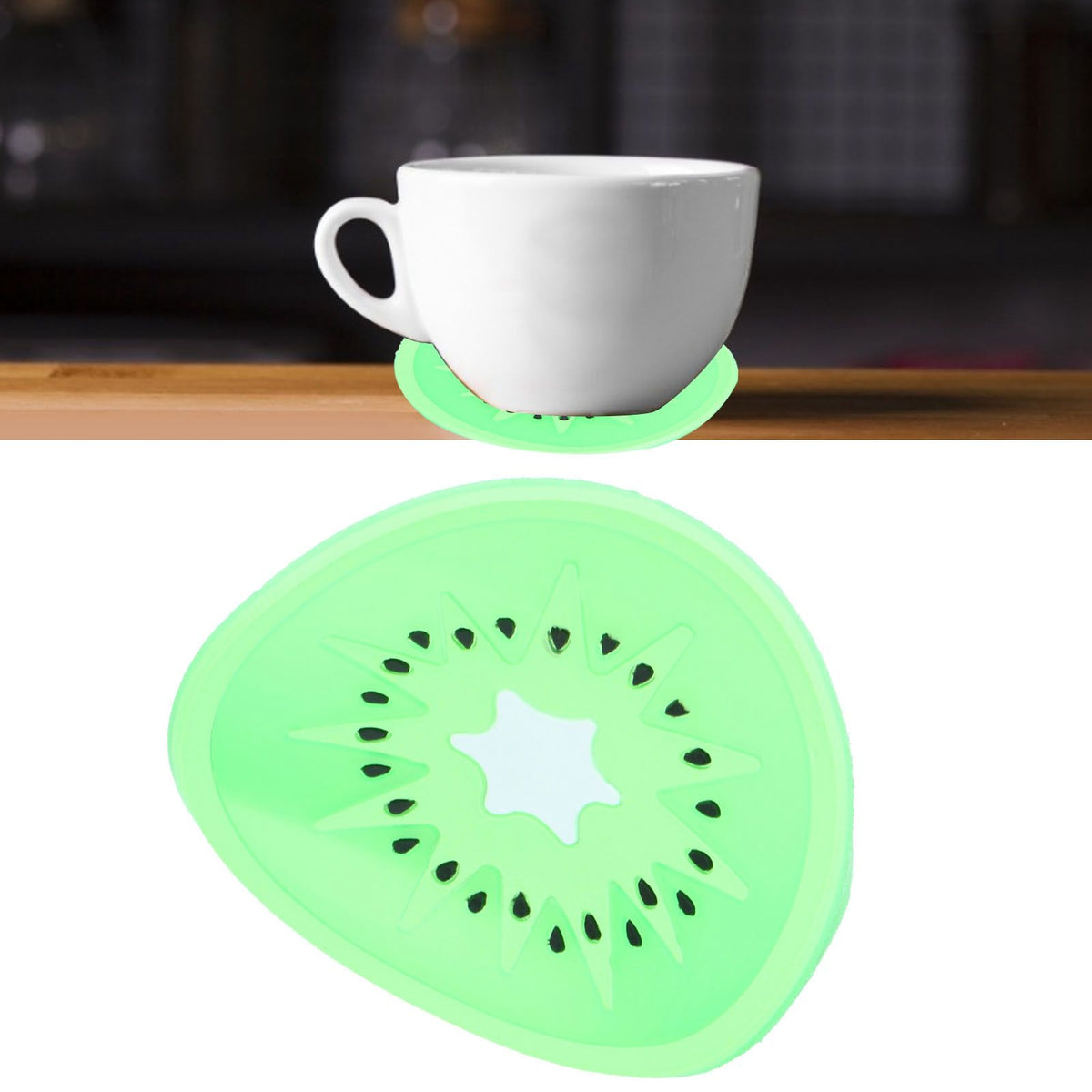 Silicone kiwi fruit-shaped coaster and placemat for cups, ideal for baby and kids feeding accessories in kitchen.