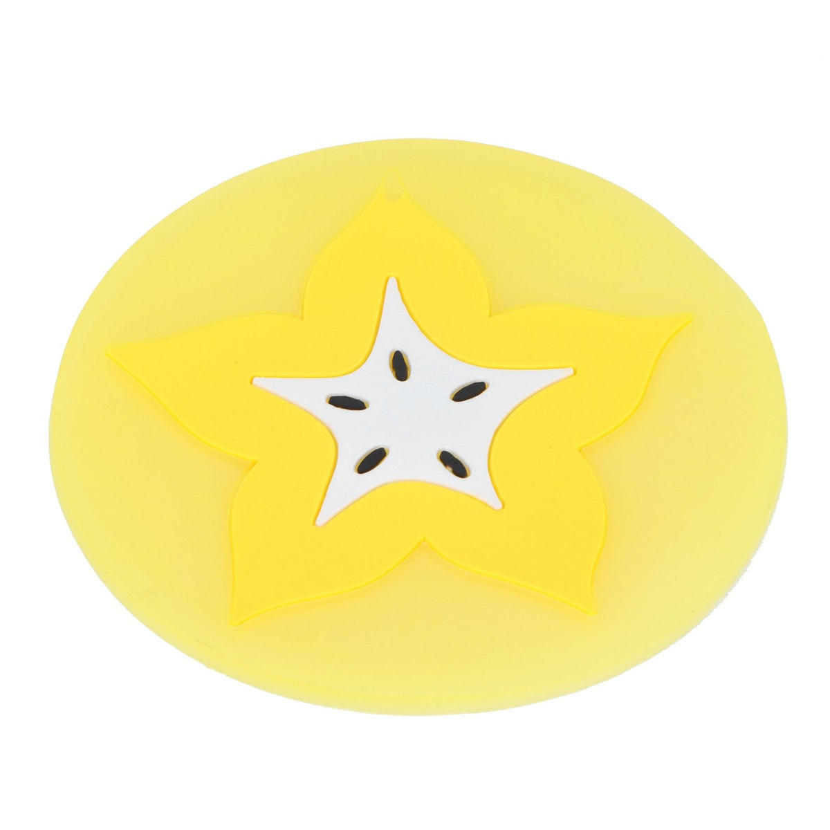 Carambola-shaped silicone coaster for cups and drinks, colorful fruit design, ideal as a kitchen or dining table accessory.
