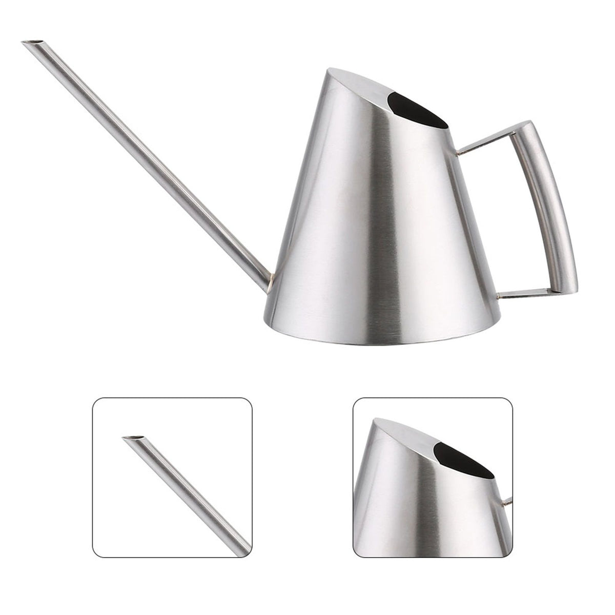 Mini stainless steel watering can, 400ml capacity, brushed finish, ideal for garden plant watering, suitable for indoor and outdoor use.