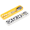 Set of 2 stainless steel baby and kids flatware with knife, fork, and spoon in yellow, stored in a box for pretend play.