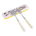 Set of 2 stainless steel kids' flatware including knife, fork, and spoon in a yellow box for pretend play and mealtime.