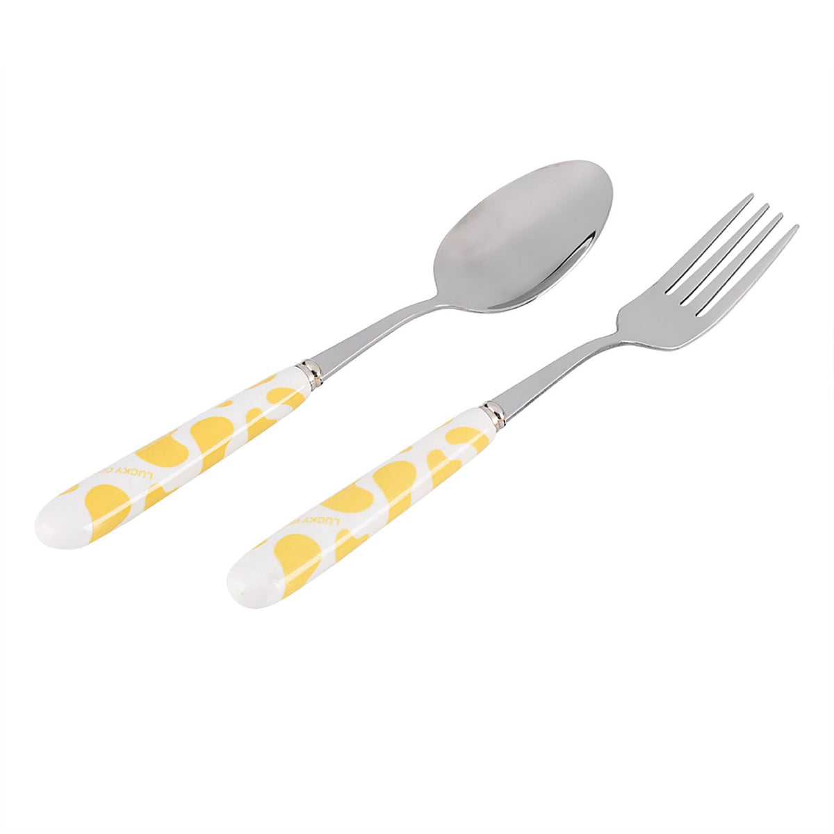 Set of 2 stainless steel baby and kids flatware including knife, fork, and spoon in yellow with storage box, ideal for pretend play.