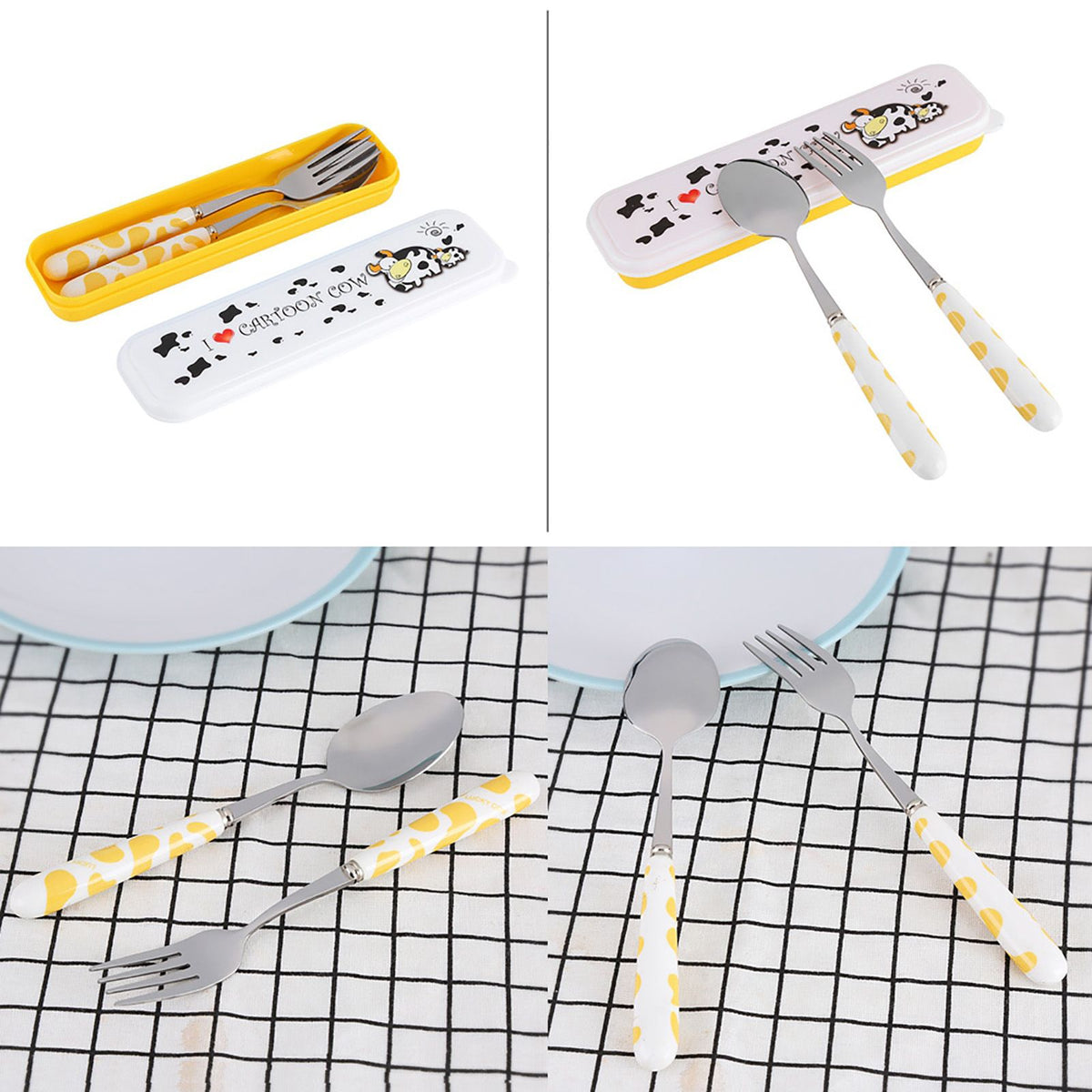 Set of 2 stainless steel baby flatware including knife, fork, and spoon with yellow handles in a box, suitable for children.