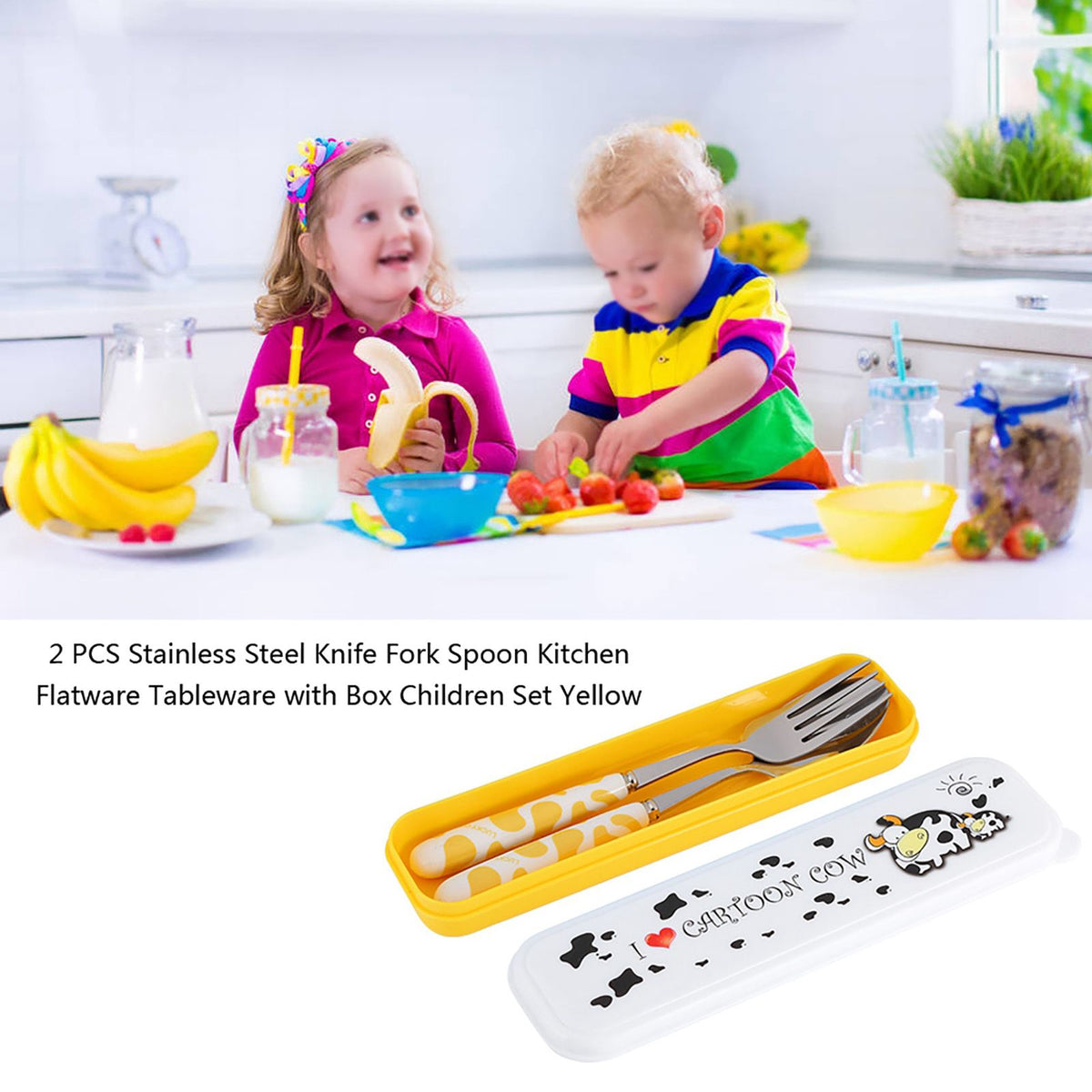 Set of two stainless steel baby flatware including knife, fork, and spoon in a yellow box, designed for children's pretend play.