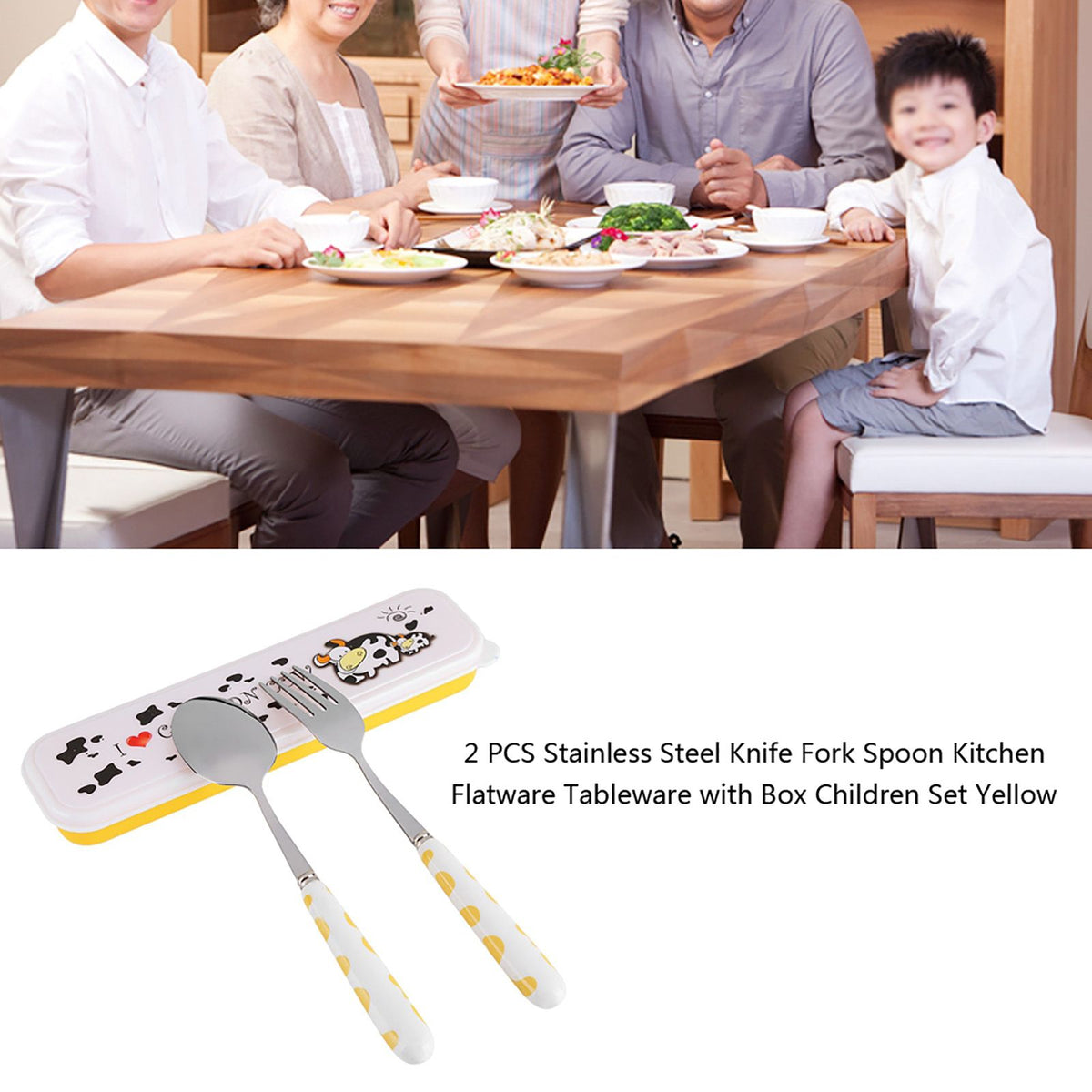Two-piece stainless steel kids' flatware set with yellow handles, including knife, fork, and spoon in a box for pretend play.