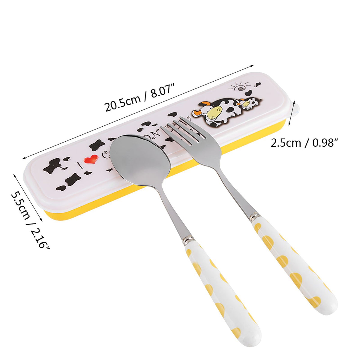 Set of 2 stainless steel baby and kids flatware including knife, fork, and spoon in yellow with storage box, ideal for pretend play.