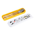 Set of 2 stainless steel baby and kids flatware with yellow handles, includes knife, fork, and spoon in a storage box.