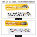 Set of 2 stainless steel kid's flatware including knife, fork, and spoon with yellow handles in a box for pretend play.