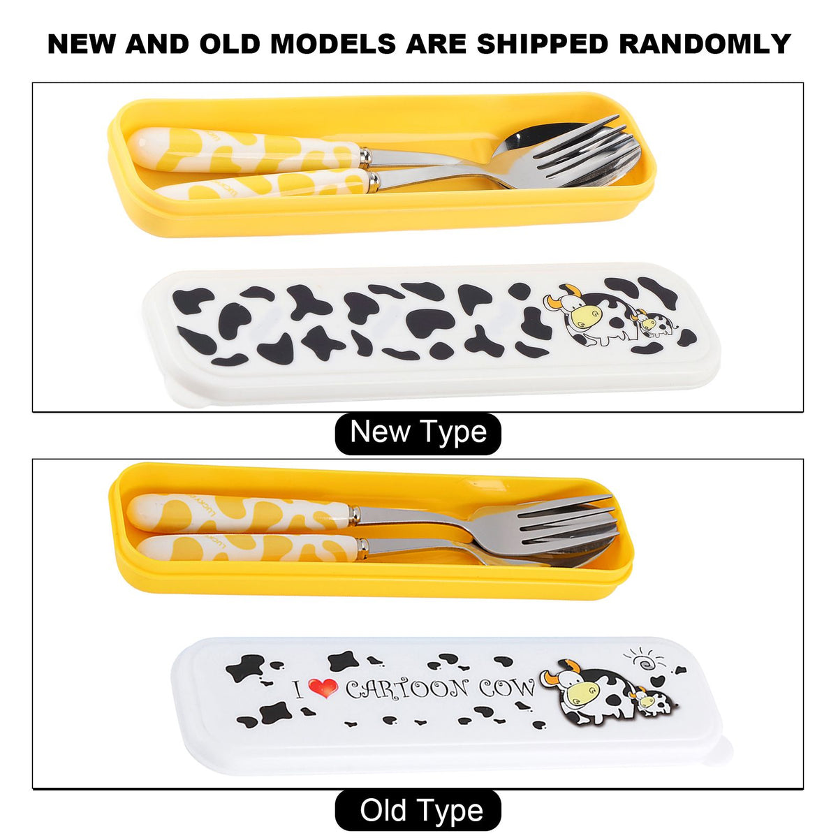 Set of 2 stainless steel kid's flatware including knife, fork, and spoon with yellow handles in a box for pretend play.