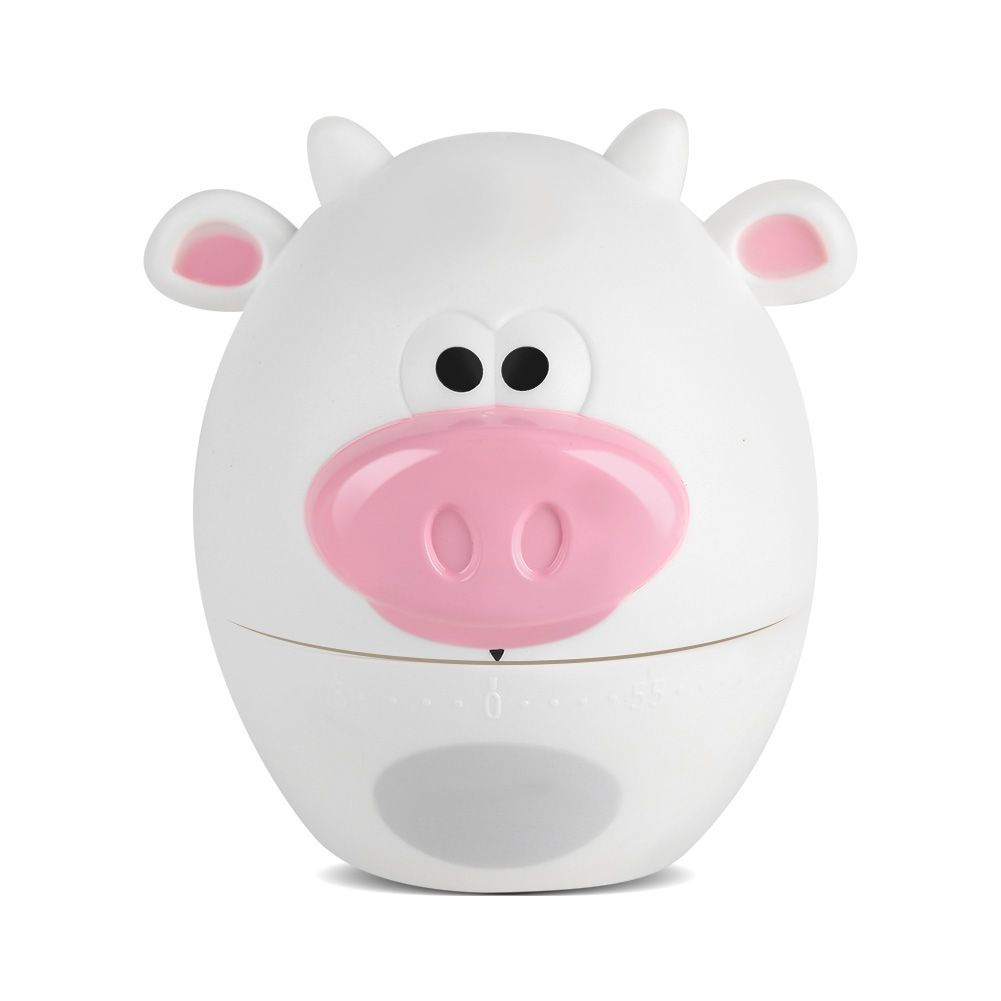 Cute cartoon mechanical kitchen timer with 55-minute dial, designed for pretend play in kids' cooking toy set by Everything Baby.