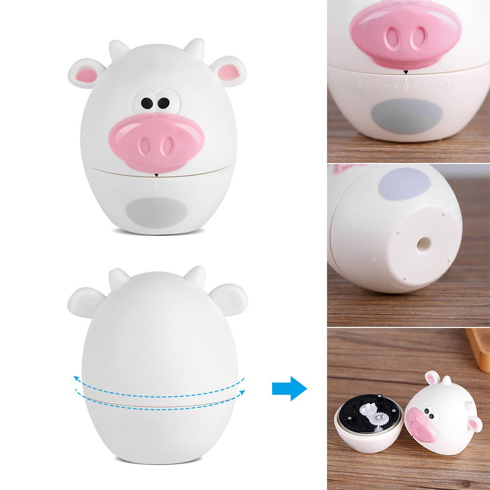 Cute cartoon mechanical kitchen timer with 55-minute dial, ideal for pretend play cooking and kitchen activities for kids.