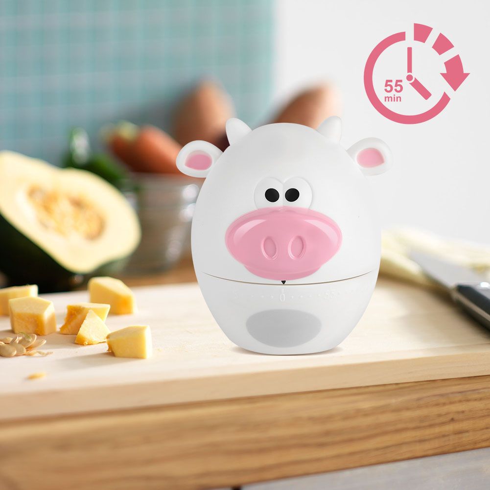 Cute cartoon kitchen timer from Everything Baby, mechanical 55-minute countdown clock for pretend play and cooking activities.