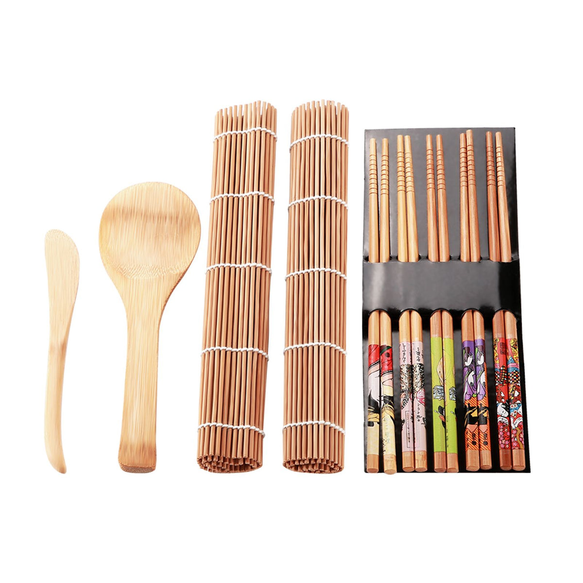 Baby and Kids bamboo sushi making kit with 13 pieces, including tools for homemade sushi fun and family food activities.