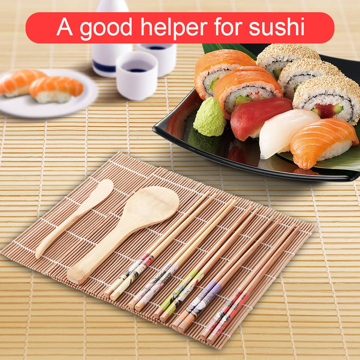 Bamboo sushi making kit with 13 pieces, ideal for families and food lovers to create homemade sushi at parties or home.