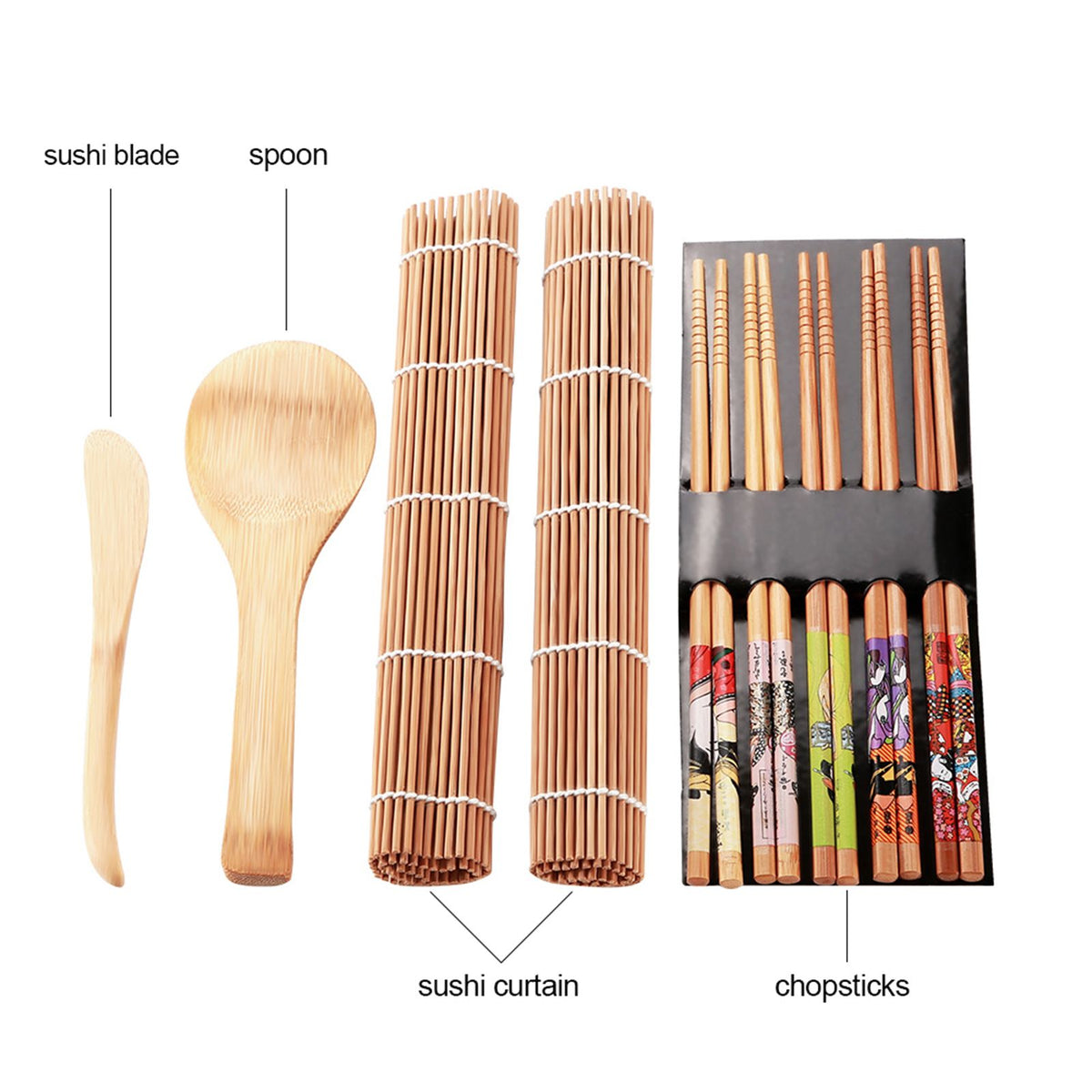 Bamboo sushi making kit with 13 pieces, includes tools for homemade sushi, ideal for family and party food preparation.