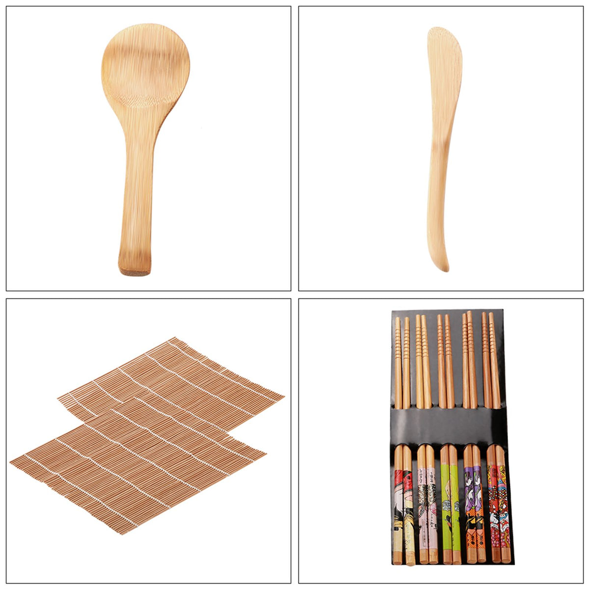 Bamboo sushi making kit with 13 pieces for homemade sushi, including tools for food lovers, by Everything Baby.