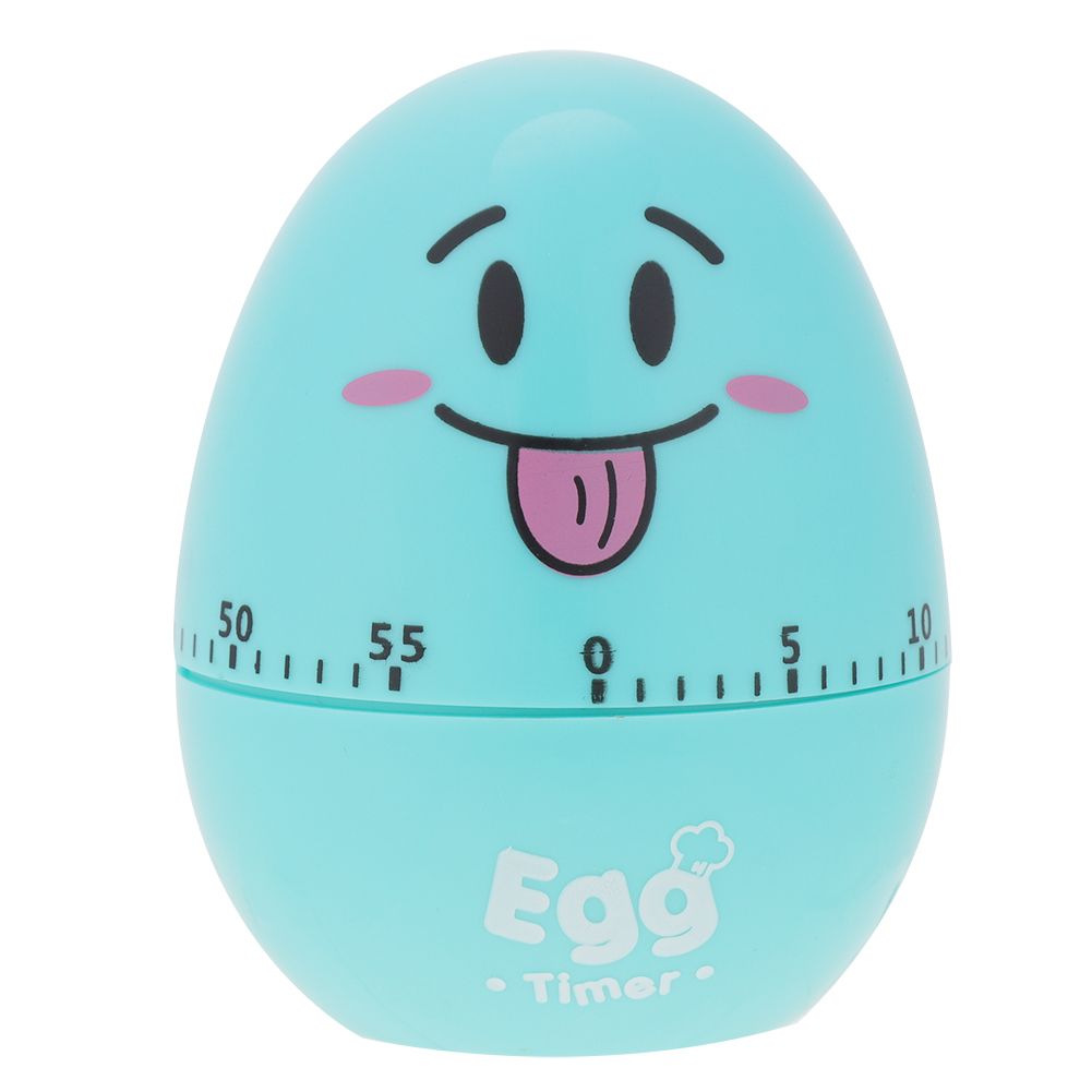 Blue plastic cartoon egg timer with mechanical alarm, 55-minute kitchen cooking tool, suitable for baby and kids feeding activities.