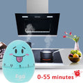 Blue plastic cartoon egg timer with mechanical alarm, 55-minute kitchen cooking tool for baby feeding and kitchen use.