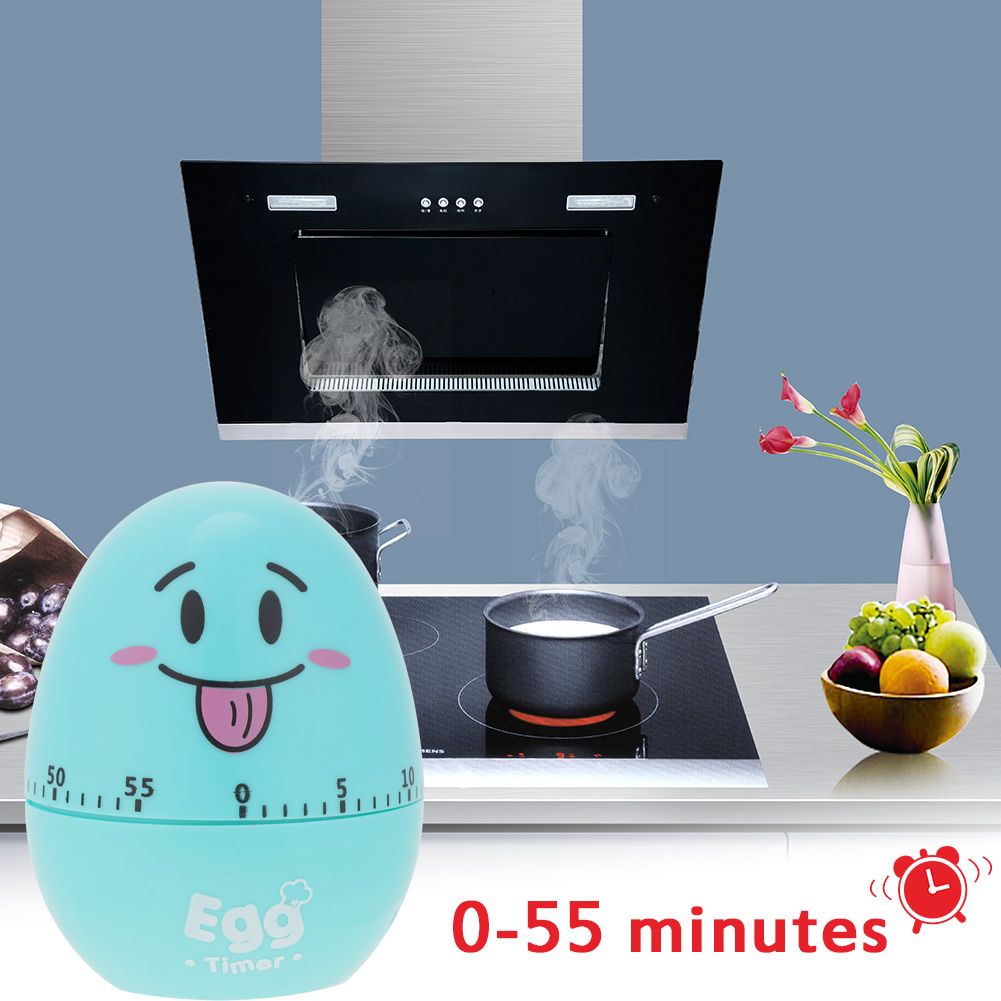 Blue plastic cartoon egg timer with mechanical alarm, 55-minute kitchen cooking tool for baby feeding and kitchen use.