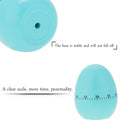 Blue plastic cartoon egg kitchen timer with manual dial, 55-minute mechanical alarm, designed for cooking and feeding tasks.
