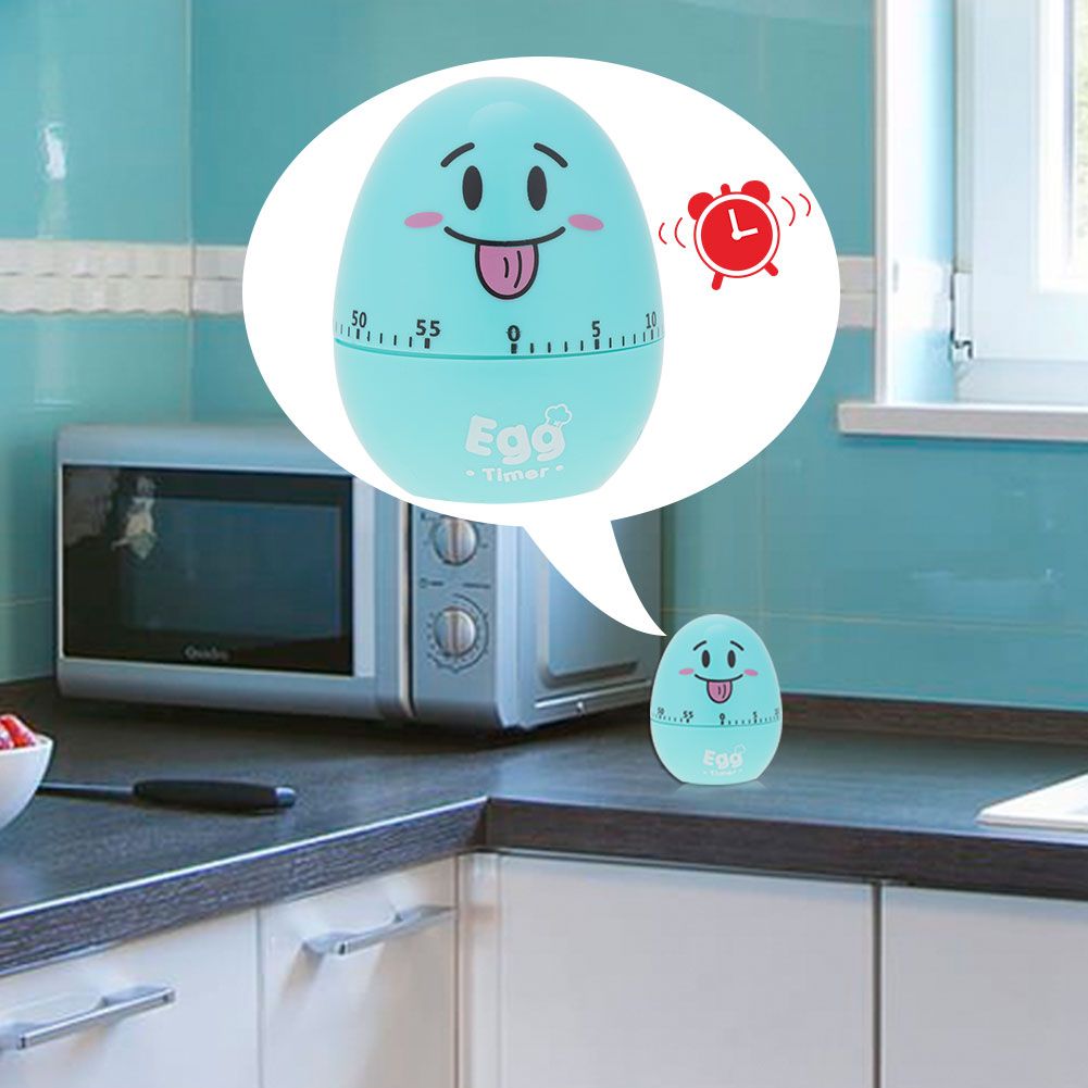 Blue plastic cartoon egg timer with mechanical alarm, 55-minute manual kitchen timer for cooking and baking.