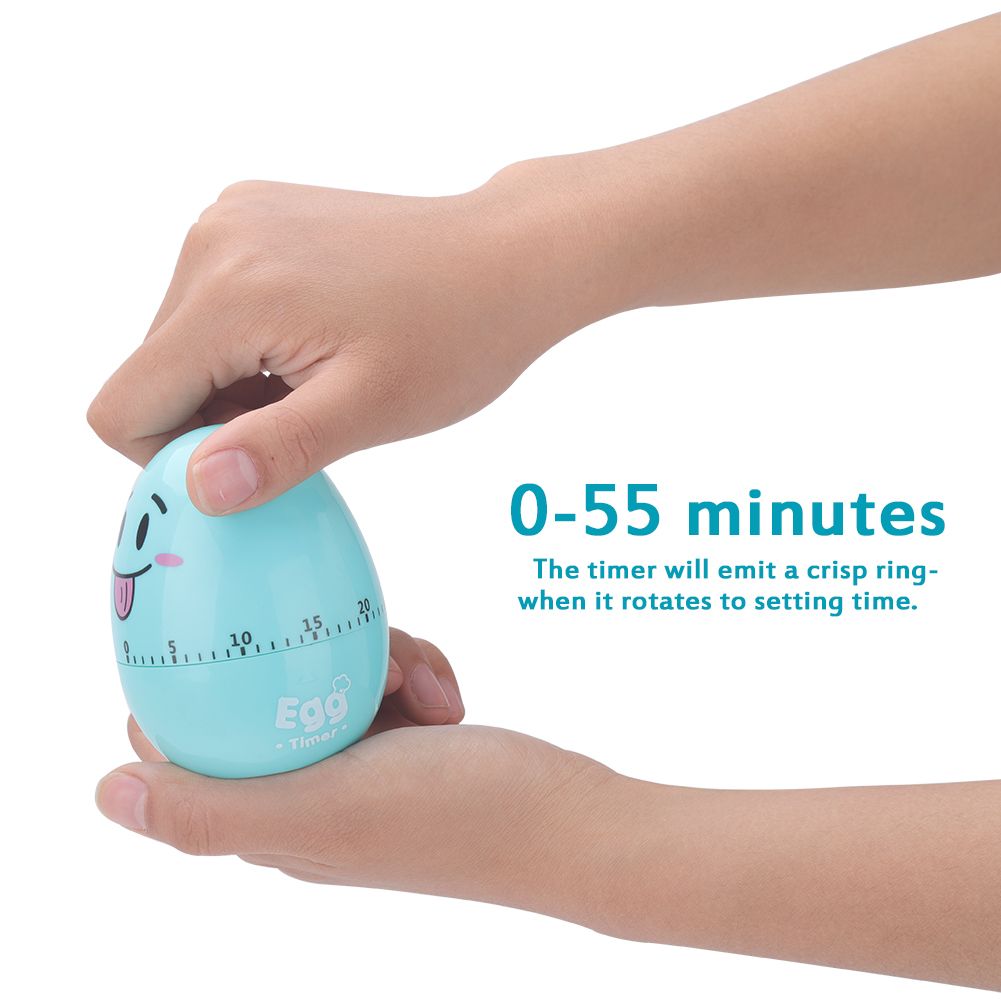 Blue plastic cartoon egg kitchen timer with mechanical alarm, 55-minute countdown, designed for cooking and kitchen use.