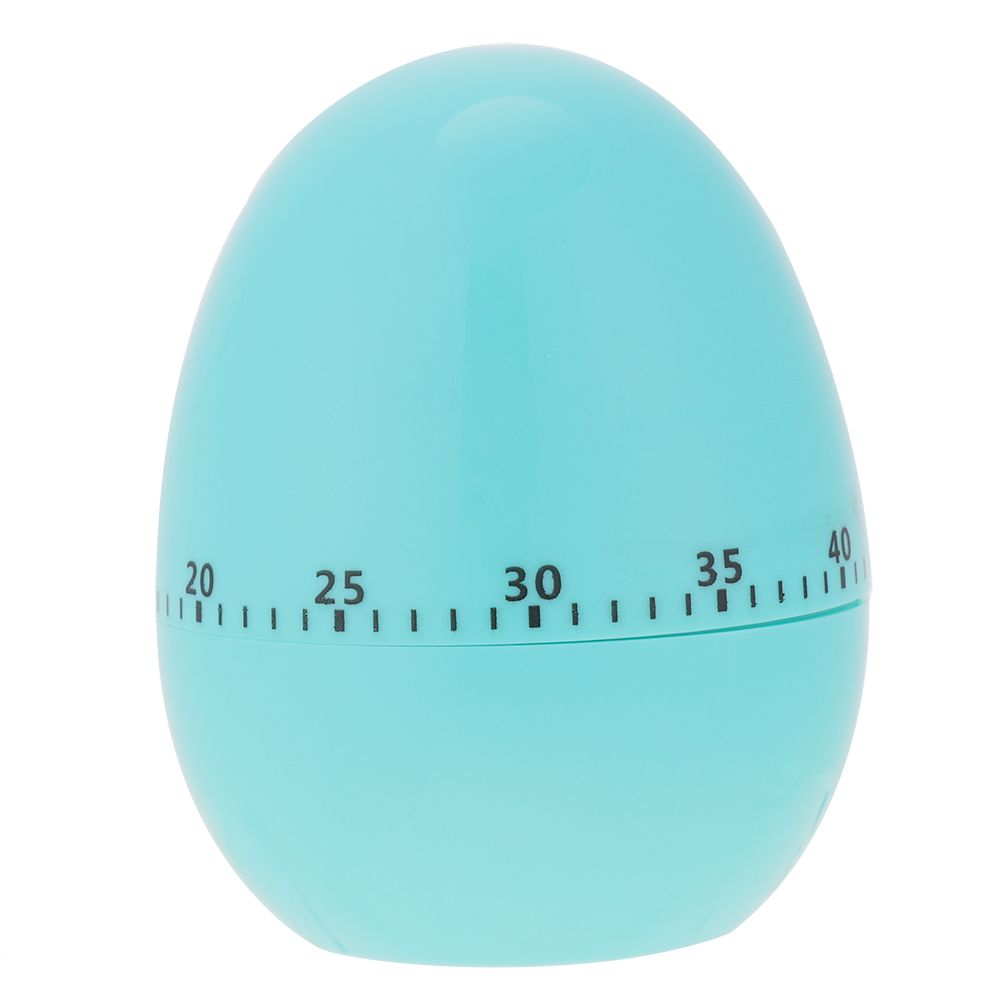 Blue plastic cartoon egg-shaped manual kitchen timer with mechanical alarm, suitable for cooking and baking.