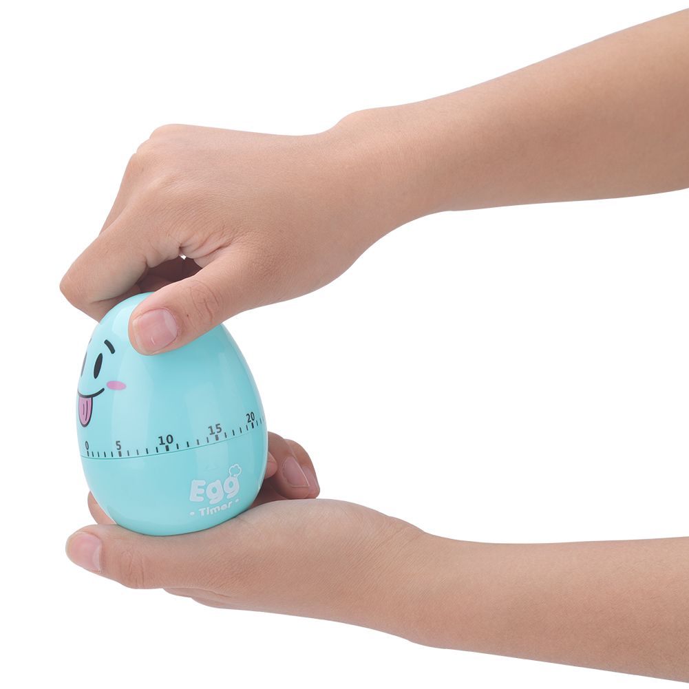 Blue plastic cartoon egg-shaped manual kitchen timer with mechanical alarm, 55-minute capacity, designed for cooking and baking.