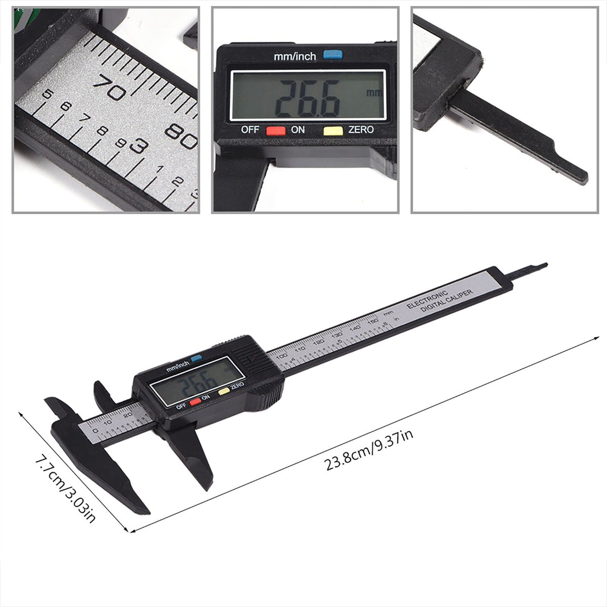 Digital caliper with large LCD screen measuring inside, outside, depth, and steps, in black for precise measurements.