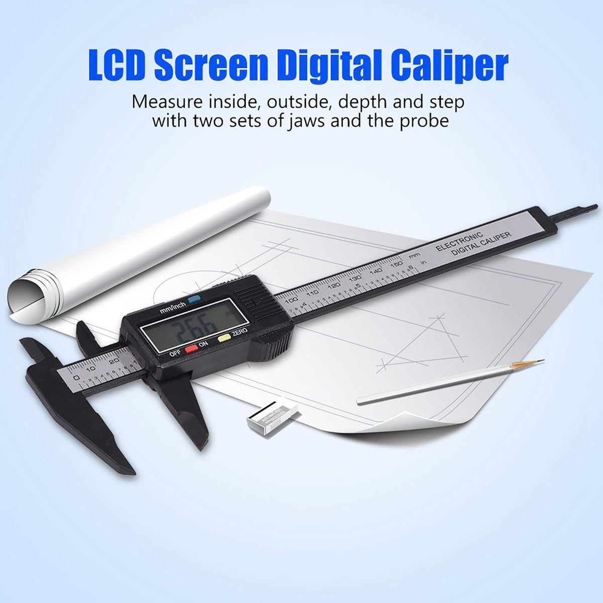 Digital caliper with large LCD screen for precise inside, outside, and depth measurements, black color, suitable for safety gate installation.