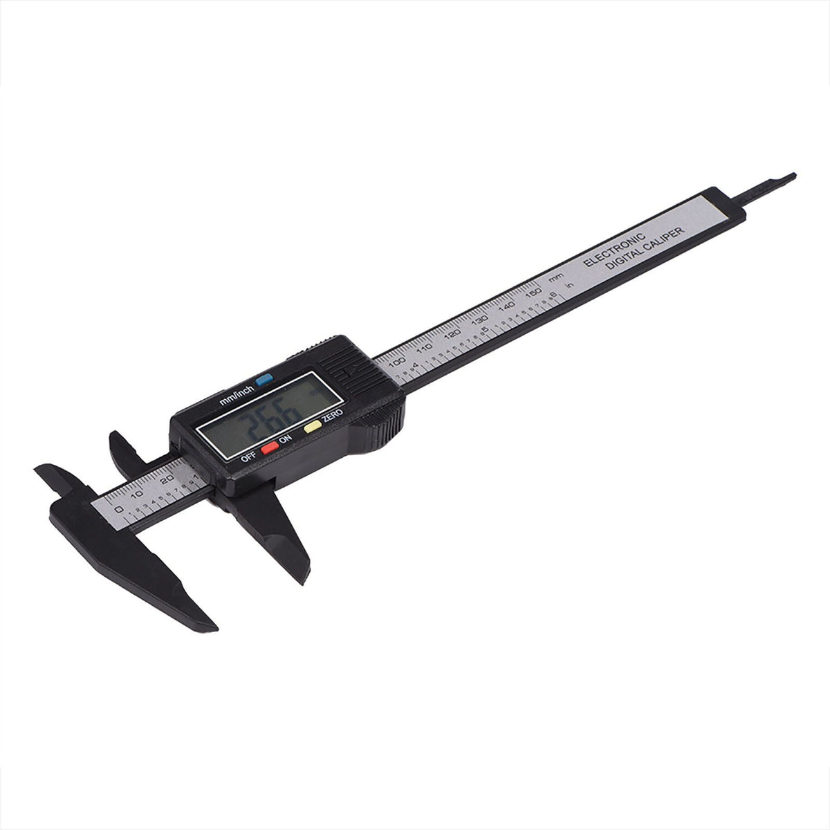 Digital caliper with large LCD screen in black, used for precise inside, outside, depth, and step measurements, by Everything Baby.