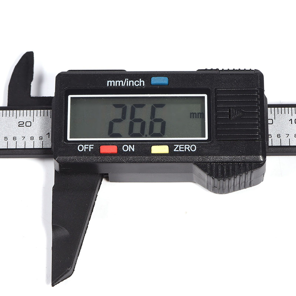 Digital caliper with large LCD screen, used for precise inside, outside, and depth measurements, in black.